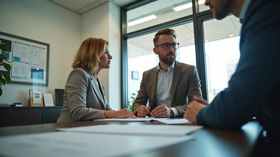 Eye-level view of a small business office with a fractional HR director discussing plans