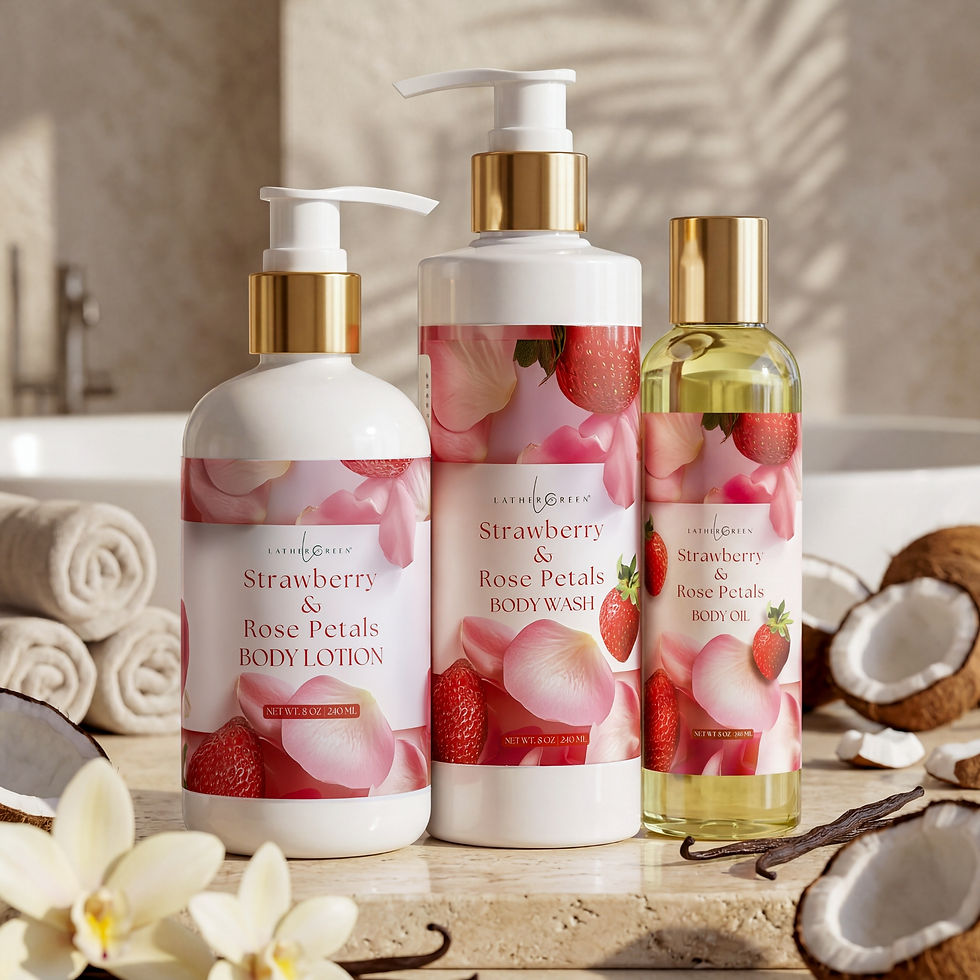 Strawberry and Rose Petals 3-Piece Body Care Set for Women, Body Wash, Lotion and Body Oil Gift Set