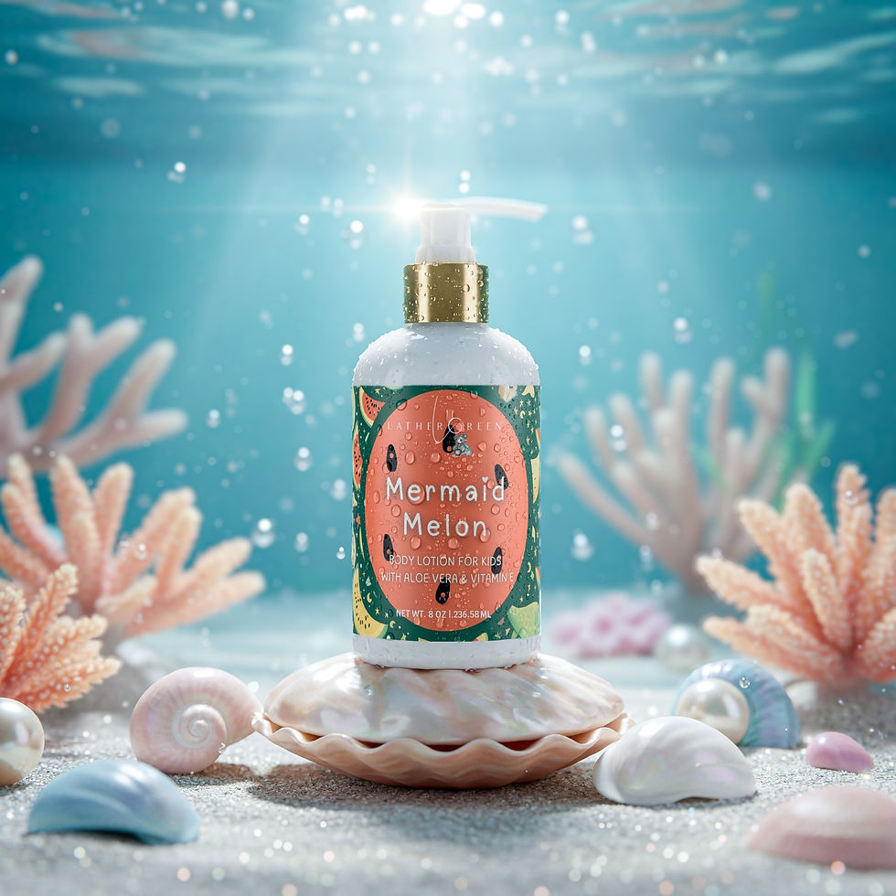 Mermaid Melon kids body lotion in ocean-inspired setting, hydrating moisturizer for kids daily use