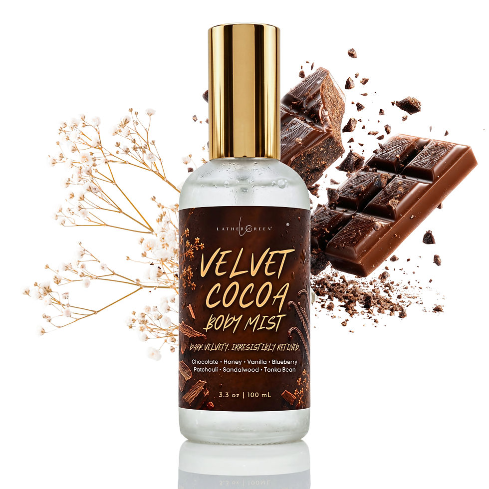 Velvet Cocoa Body Mist beside dark chocolate pieces and delicate dried flowers on a white background.