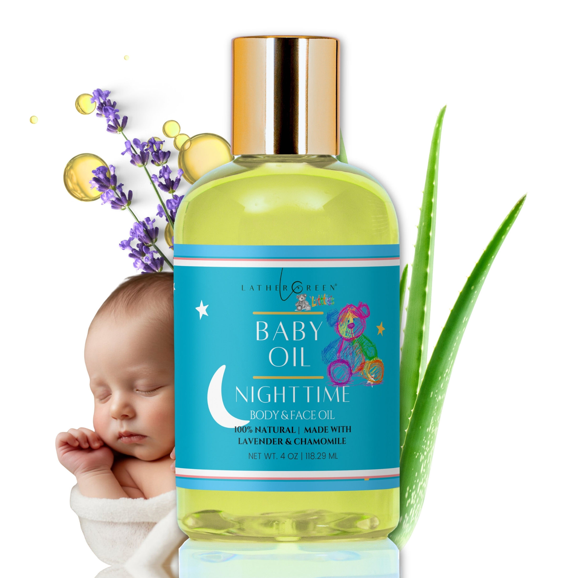 nighttime baby oil with lavender and chamomile, lightweight moisturizing oil for babies