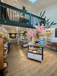 Interior of LatherGreen scent blending studio and retail store in Clearwater Florida with modern displays