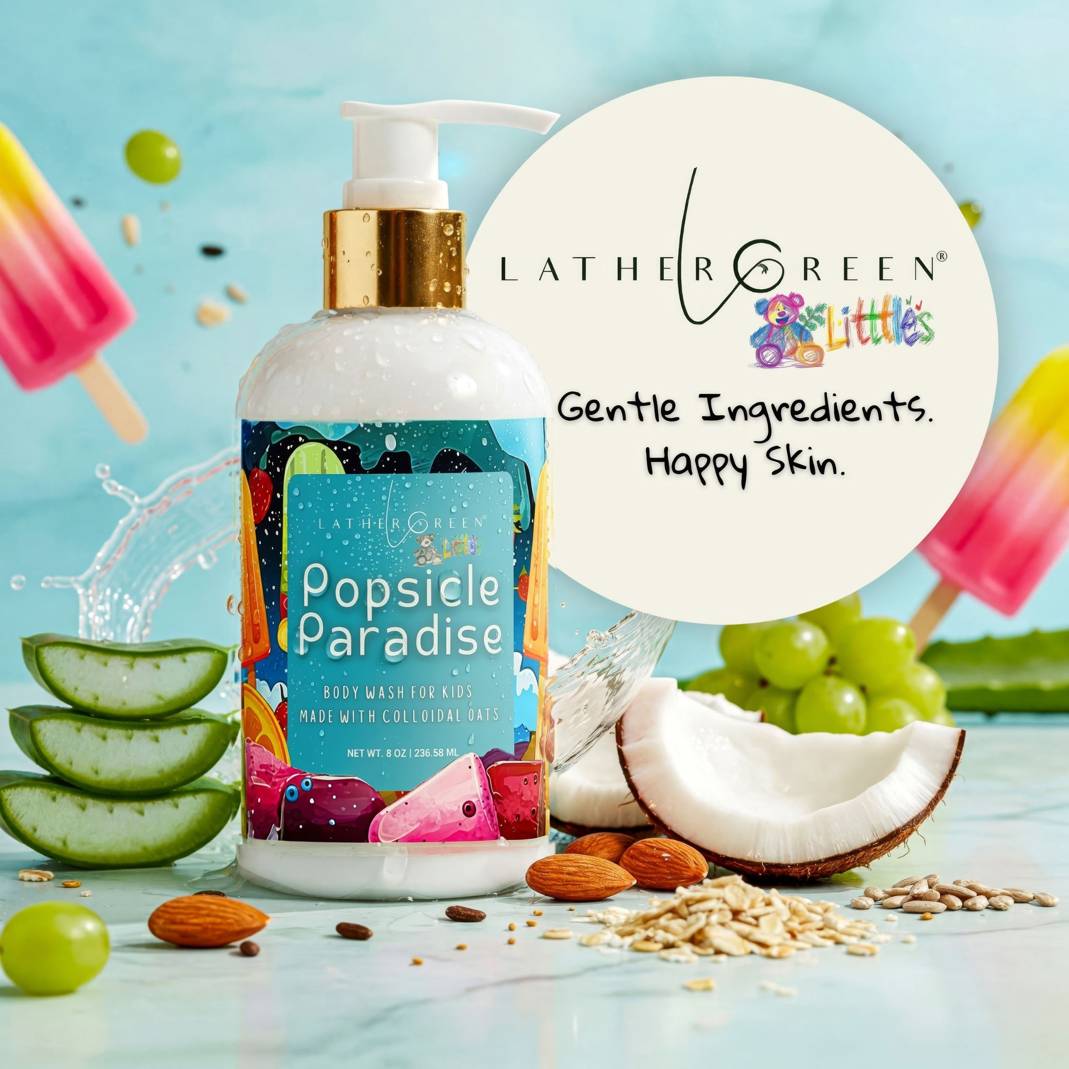 Child enjoying bath time with Popsicle Paradise body wash, gentle cleanser for kids and toddlers routine