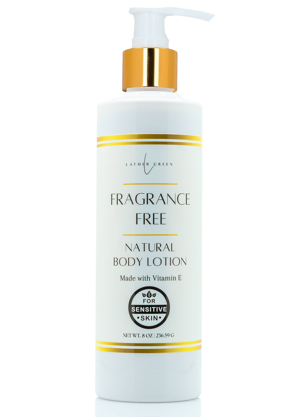 White pump bottle with gold accents labeled "Fragrance Free Natural Body Lotion, Made with Vitamin E, For Sensitive Skin," against white backdrop.