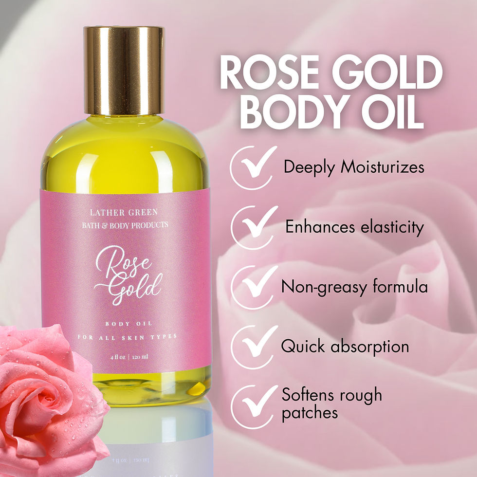 Thumbnail: LatherGreen Rose Gold Body Oil: deeply moisturizes, non-greasy, quick absorption.