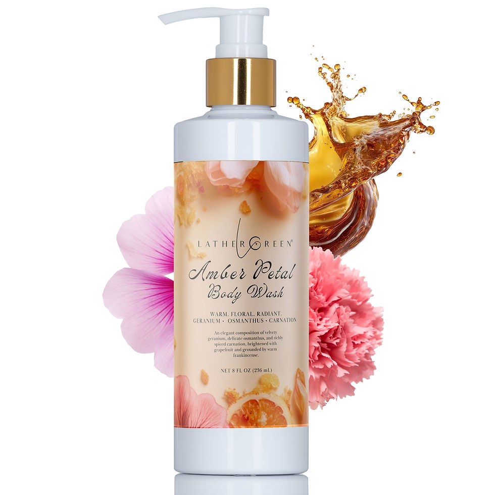 Miniatura: LatherGreen Amber Petal geranium grapefruit body wash 8 oz pump bottle with carnations, osmanthus, and frankincense