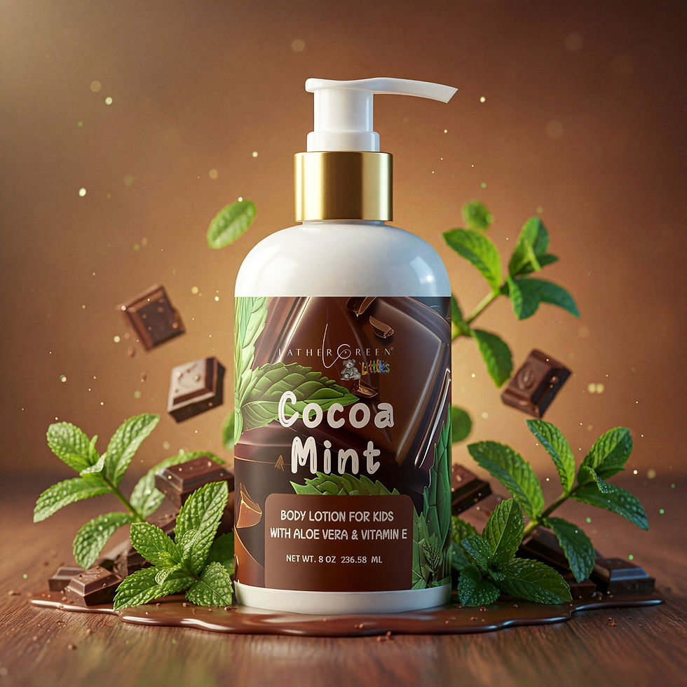 Cocoa Mint kids body lotion in bathroom setting, gentle daily moisturizer for kids and toddlers