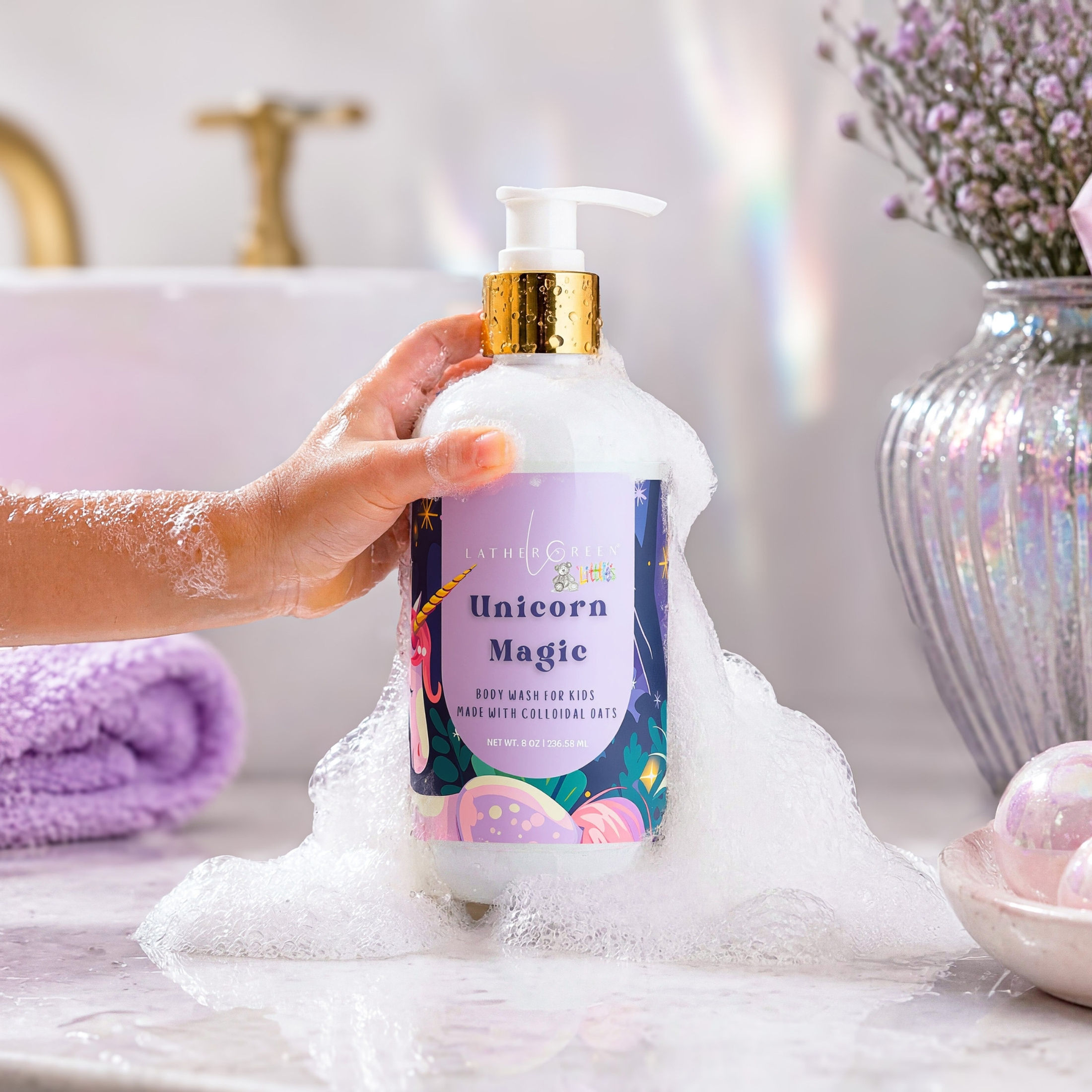 Unicorn Magic body wash for kids and toddlers, gentle daily cleanser with light bubbly lather