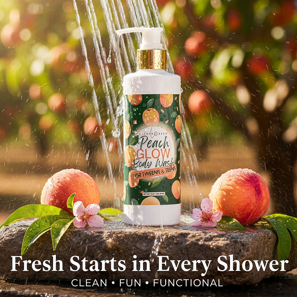 Teen girl using Peach Glow body wash and shower gel, gentle cleanser for tweens and teens daily routine