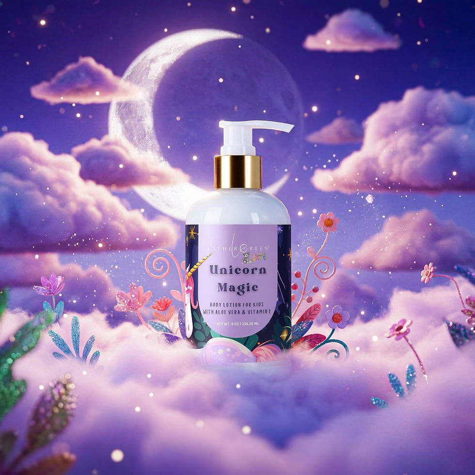 Unicorn Magic kids body lotion in dreamy colorful setting, hydrating moisturizer for daily use
