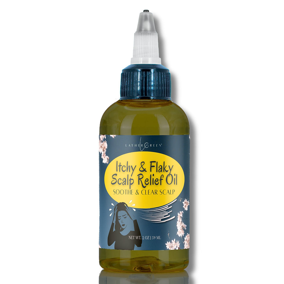 Thumbnail: LatherGreen Itchy & Flaky Scalp Relief Oil product label showing directions, ingredients, key features for dry, itchy scalp