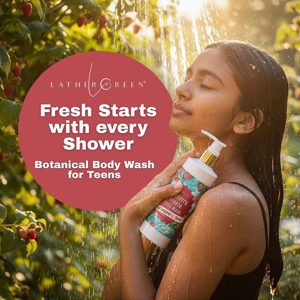 Teen girl using Raspberry Breeze body wash and shower gel, gentle cleanser for tweens and teens