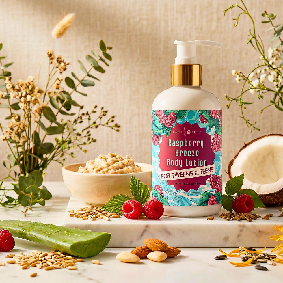 Thumbnail: Raspberry Breeze body lotion in bathroom setting, gentle hydrating moisturizer for teens and tweens