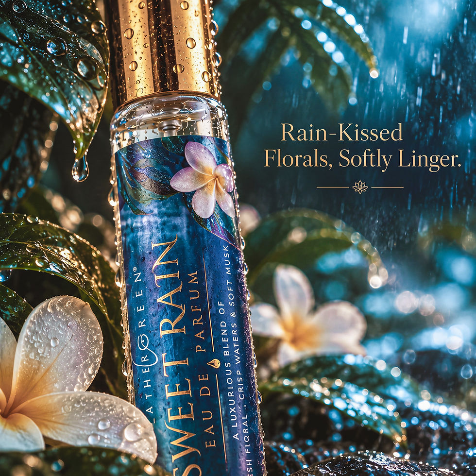 Thumbnail: Flowers and leaves: Sweet Rain perfume bottle surrounded by rain-dappled white flowers and tropical leaves.