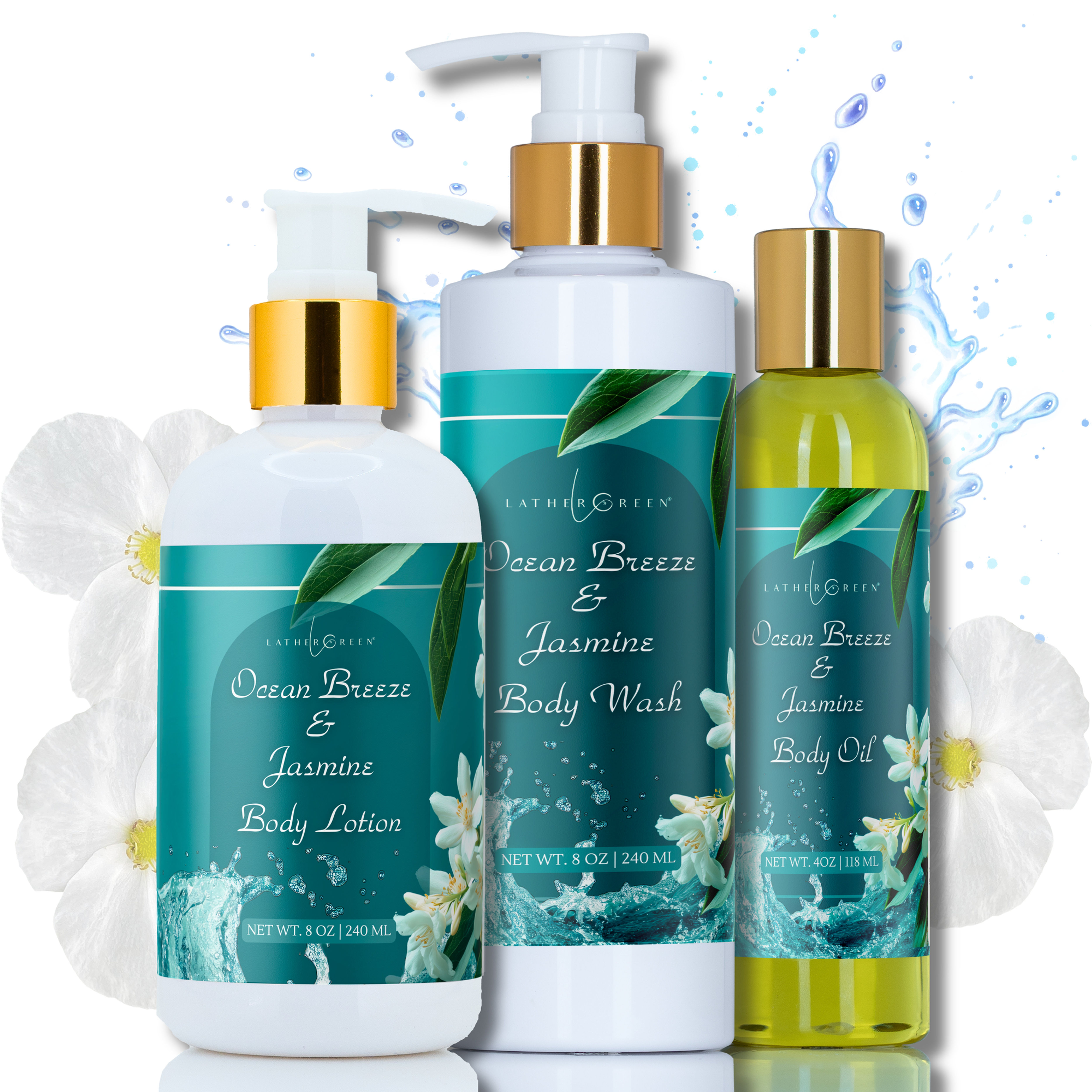 LatherGreen Ocean Breeze & Jasmine 3-Piece Body Care Set – Fresh Body Wash, Lotion & Oil for Women