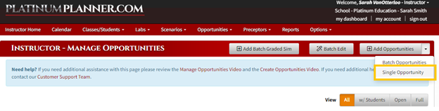 Screenshot of yellow box around it to highlight Manage Single Opportunities