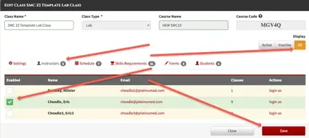 Screenshot of software dashboard of "instructors" and "active" then finally click "toggle to All"