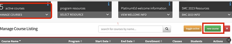 Screenshot of software, showing "Manage Course Listing"