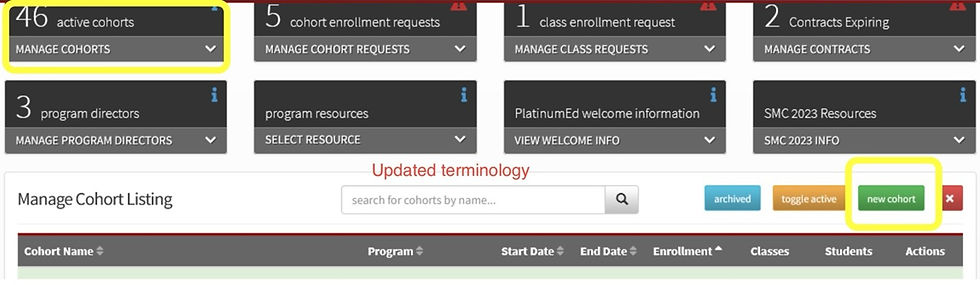 Screenshot of software, showing "Manage Cohorts"
