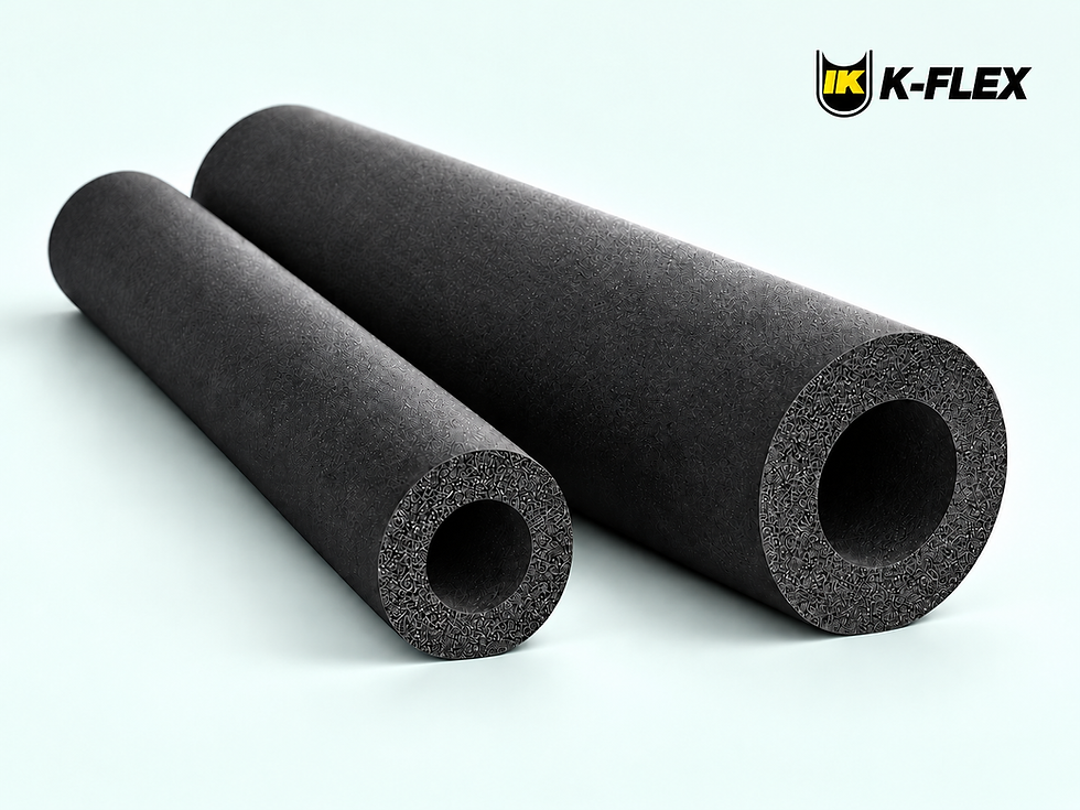 Illustration av svarta cellgummirör med K-FLEX-logotyp