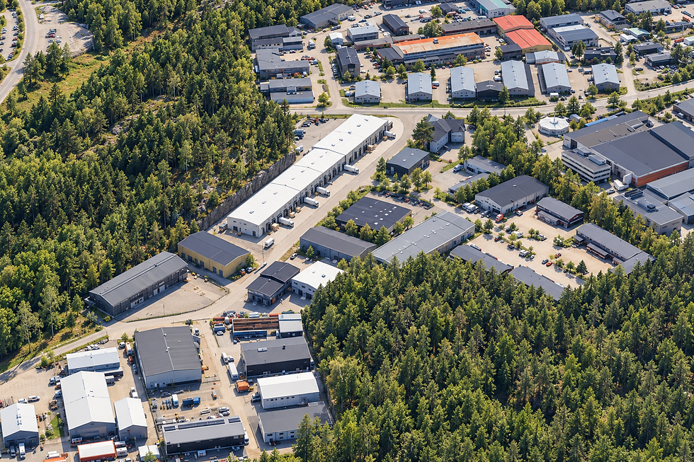 Datorgenererad flygillustration av ISOVELLs lagerområde i Saltsjö-Boo.