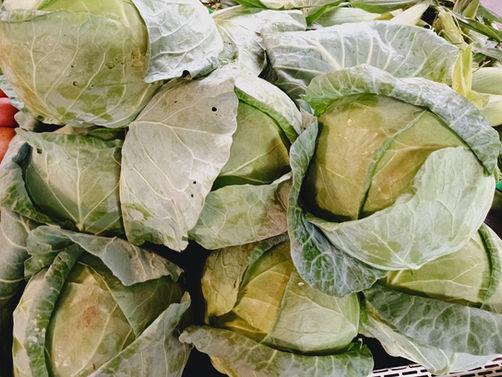 Overhead shot of many fresh cabbages ready for sale, fresh produce.