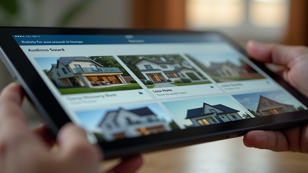 Close-up view of a smart home device showing property listings