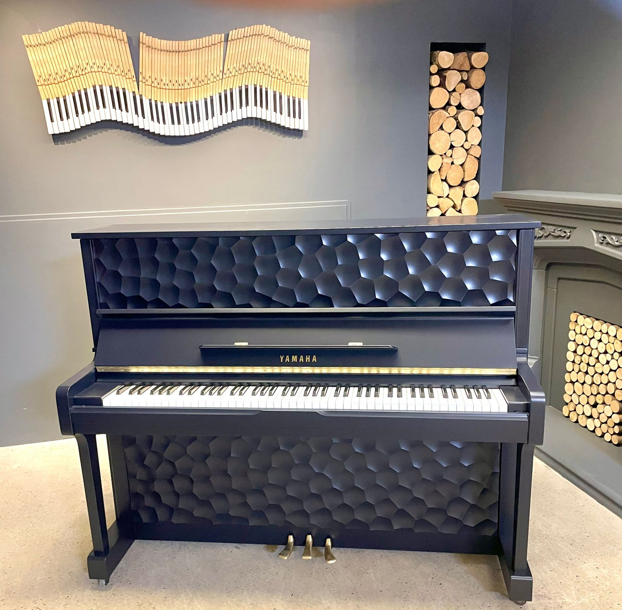 Yamaha U1 - bespoke design in Basalt blue - matching stool