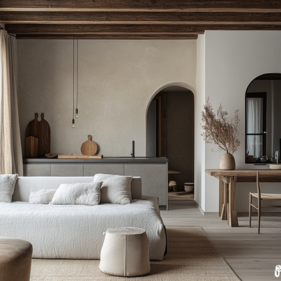 Raum im modernen Landhausstil mit schlichten Möbeln und warmen Holzoberflächen.