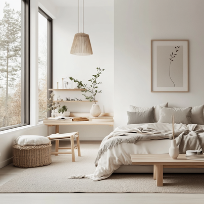 Modernes Schlafzimmer im skandinavischen Stil mit warmen Holztönen.