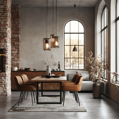  Raum im Loft-Stil mit rauen Oberflächen und modernem Lichtkonzept.