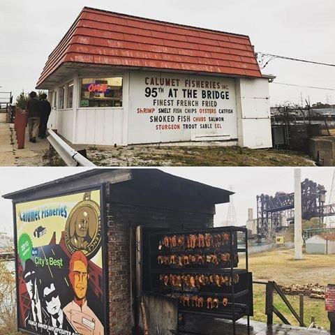 Calumet Fisheries and their iconic smoke house behind the restaurant.