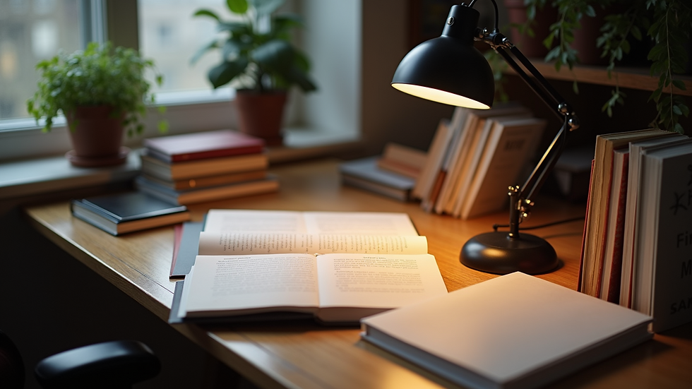 High angle view of a tidy study desk with books and a lamp