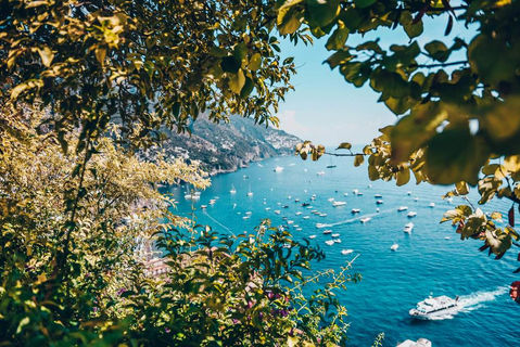 A view over a bay with boats on the Amalfi Coast