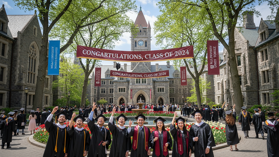 Eye-level view of a Canadian university campus with graduation banners