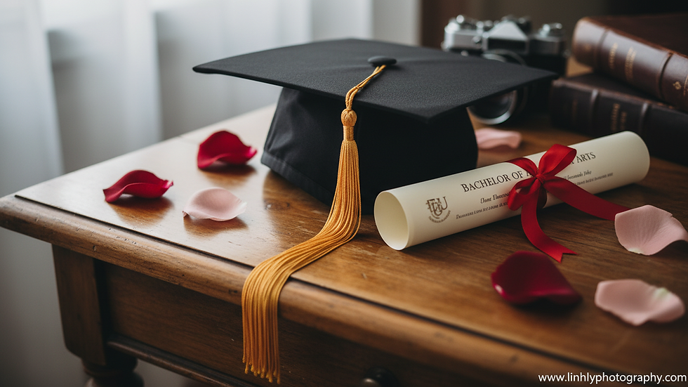 Close-up view of a graduation cap and diploma on a wooden table