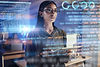 Tablet, code hologram and business woman in data analysis, digital technology or software