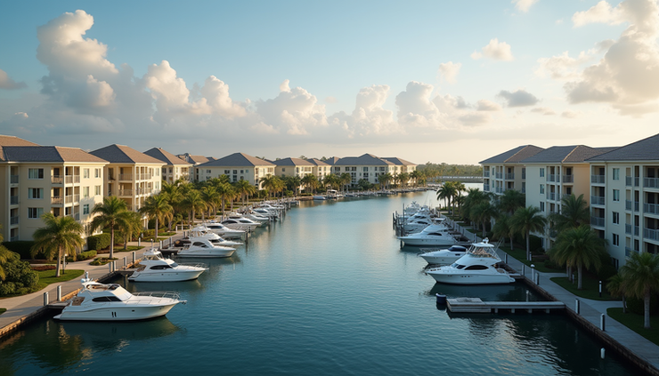 High angle view of a Naples waterfront condo with boat docks