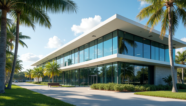 Eye-level view of a modern insurance agency office building in Palm Beach Gardens