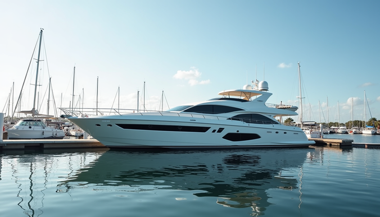 High angle view of a luxury yacht docked at a Naples marina with calm waters