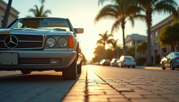 Eye-level view of a car parked on a sunny street in Naples, Florida