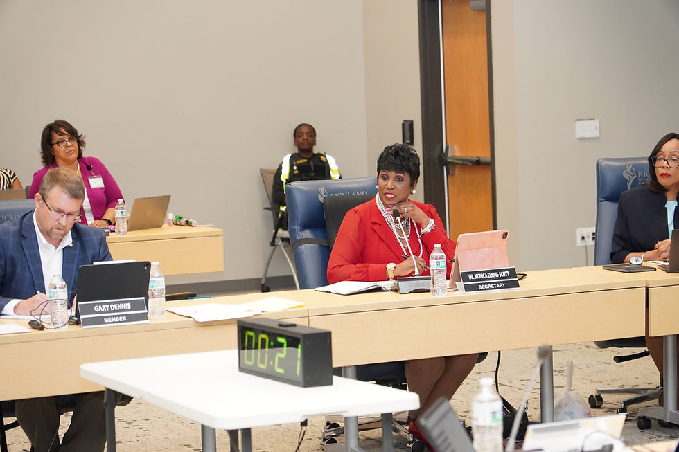 Dr. Monica Elkins-Scott delivers remarks following the board’s 6–1 vote removing her from leadership positions during the Richland Two Board of School Commissioners meeting on April 28, 2026, affirming her continued commitment to serve the community. JavarJuarez©2026