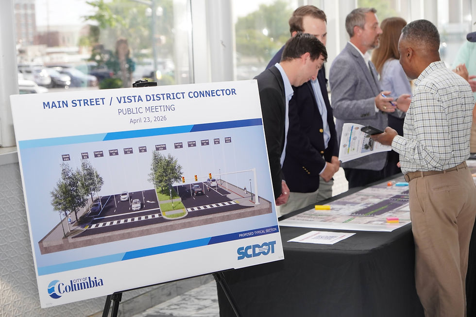 City of Columbia and SCDOT officials engage with residents during the April 23, 2026 public meeting on the Main Street/Vista District Connector project, presenting proposed roadway improvements aimed at enhancing pedestrian safety and connectivity in downtown Columbia. JavarJuarez©2026
