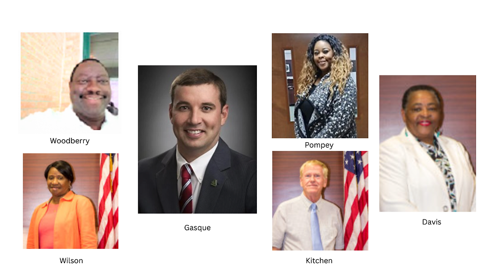 Members of the Mullins City Council pictured from the city’s official website: (top row, left to right) Councilman Woodberry, Councilwoman Pompey, and Councilwoman Davis; (bottom row, left to right) Councilwoman Wilson, Councilman Luke Gasque, and Councilman Kitchen. Images sourced from the City of Mullins municipal website.