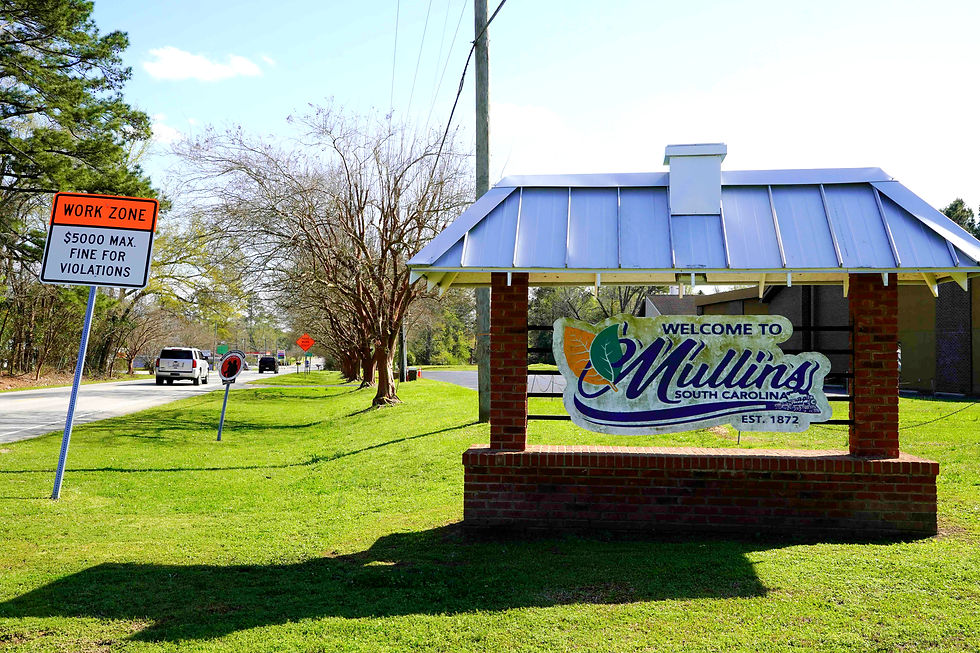 The welcome sign at the entrance to Mullins, South Carolina. As redevelopment plans, demolitions, and public funding decisions move forward, residents are increasingly asking who is shaping the town’s future and who ultimately benefits. JavarJuarez©2026