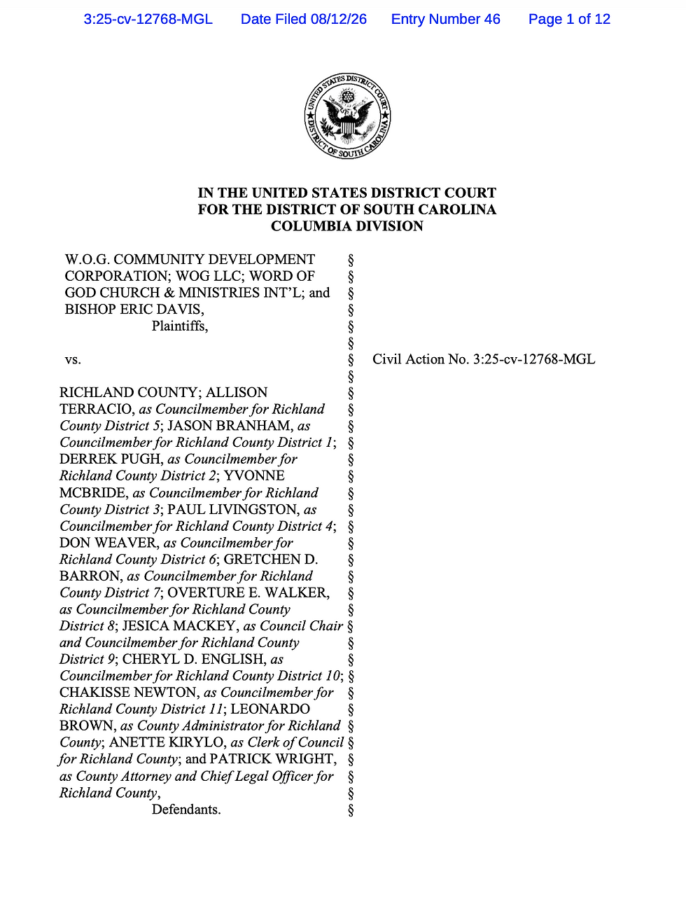 The first page of an Aug. 12, 2026, federal court filing in W.O.G. Community Development Corporation’s lawsuit against Richland County and county officials.