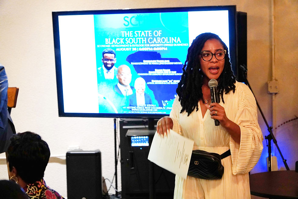 State Rep. Courtney Waters speaks at the State of Black South Carolina event at Chayz Lounge in August 2025. JavarJuarez©2025