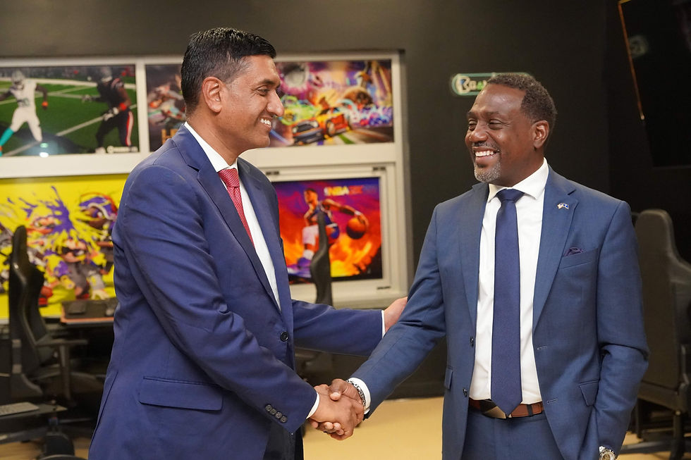 U.S. Rep. Ro Khanna, left, joins Fairfield Career & Technology Center Director Cleve Pilot during a tour of the center’s Virtual Enterprise program, an advanced technology initiative preparing students for careers of the future. JavarJuarez©2026
