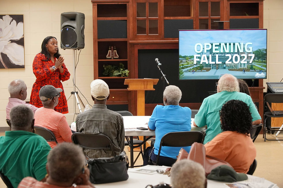 Lalah S. Radney, founding executive director of C.R. Neal Academy, addresses community members during a meeting outlining plans for the new public charter school, scheduled to open in fall 2027. JavarJuarez©2026