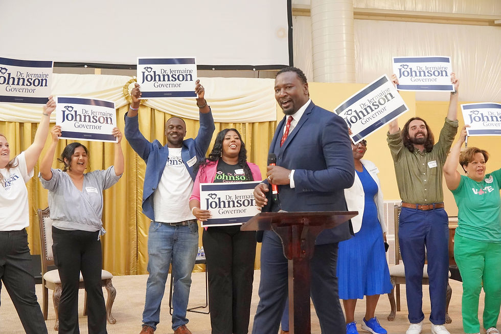 The man of the hour: Rep. Dr. Jermaine Johnson celebrates with supporters after being declared the Democratic nominee for governor of South Carolina on June 9, 2026, capping a decisive grassroots victory and setting the stage for a historic general election campaign. JavarJuarez©2026